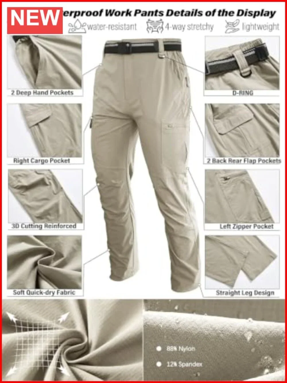 Lightweight Cargo Pants with 6 Pockets Quick-Dry Water-Resistant for Hiking